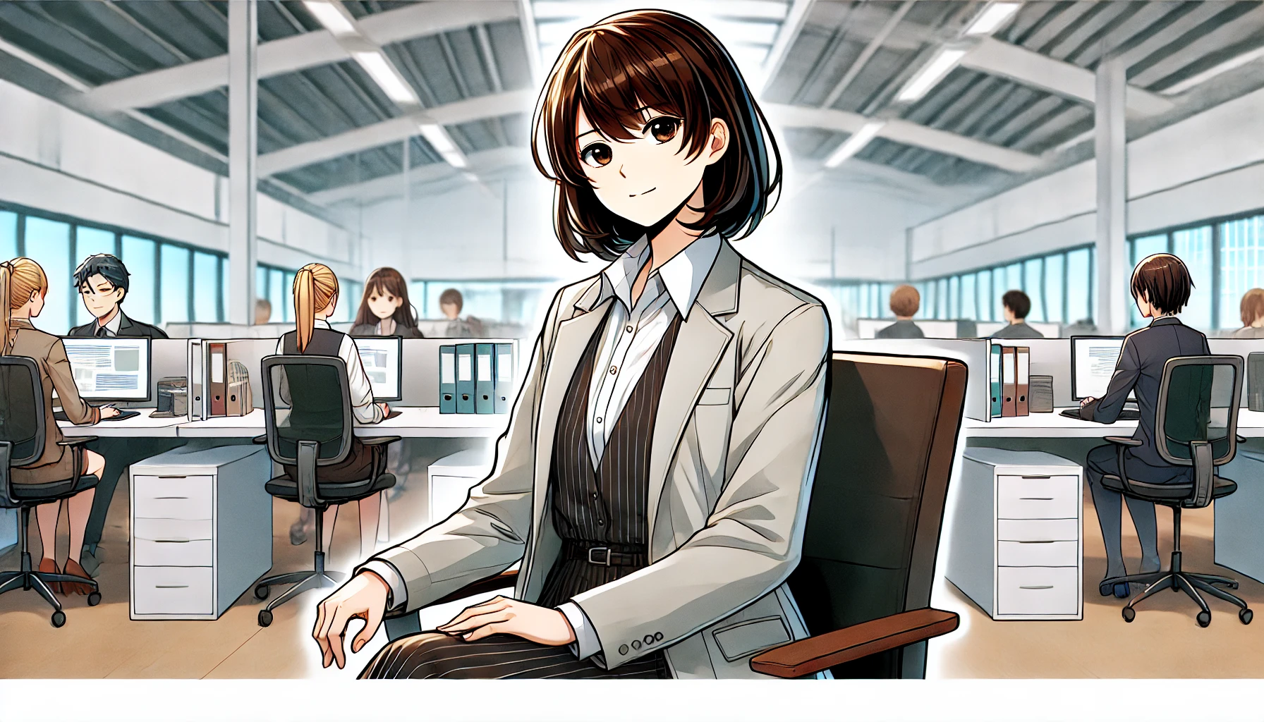 A horizontal anime-style illustration depicting a veteran female employee ('お局') confidently seated at her desk in a modern office. She appears determined and unmoving, with a composed expression, symbolizing her long-standing position in the company. The background shows younger employees working, subtly contrasting the dynamic of the workplace. The office setting is bright and professional, with clear, vibrant colors. Both women are drawn beautifully in a stylish, anime-inspired art style.