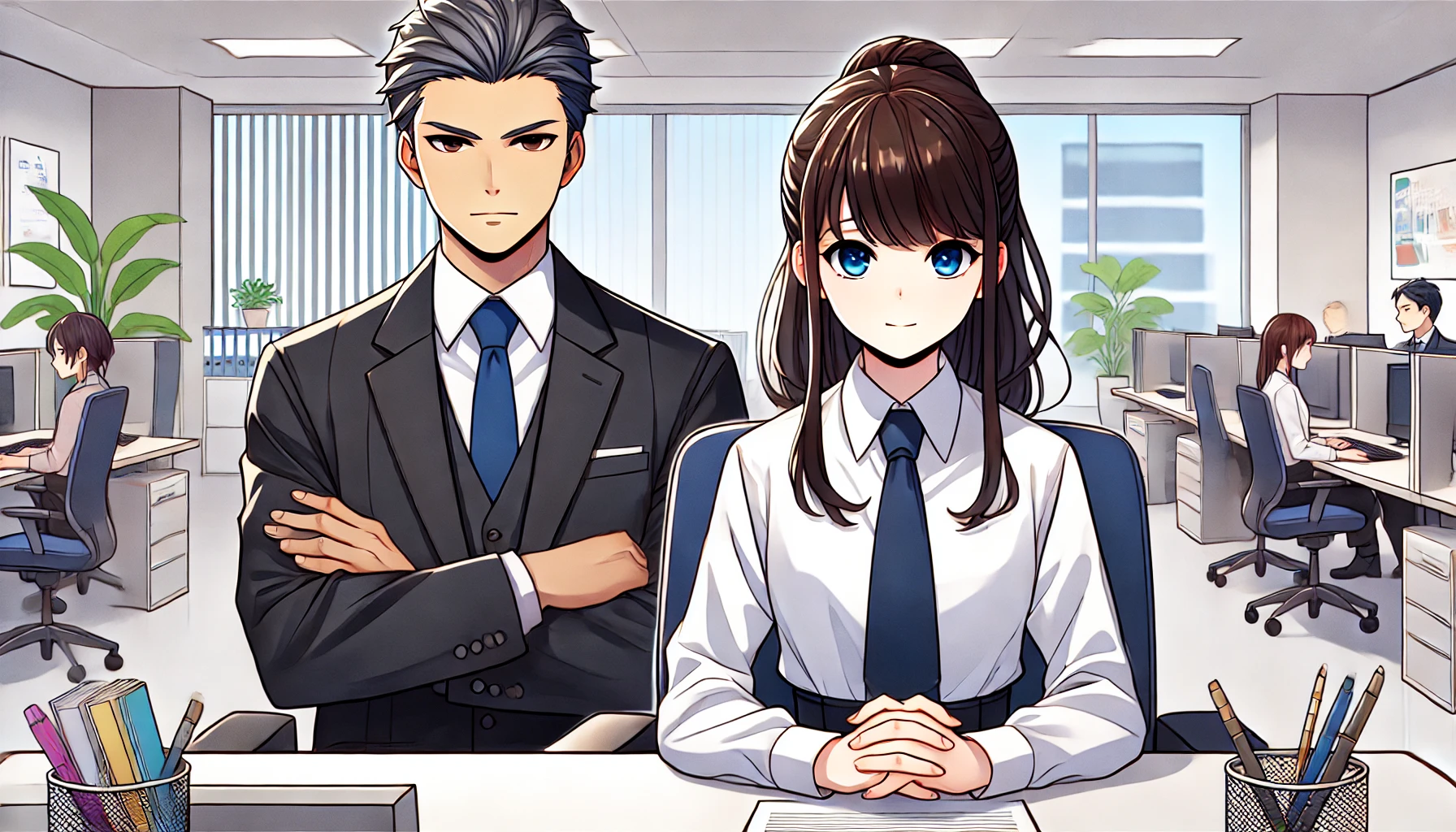 A horizontal anime-style illustration showing a calm and composed young female employee managing a difficult situation with a stern 'お局'. The younger employee is tactfully handling the situation without confrontation, symbolizing control rather than conflict. The 'お局' looks slightly authoritative but not aggressive. The office is modern and bright, with clear lines and vibrant colors, giving the image a hopeful and positive tone. Both characters are drawn beautifully in a stylized anime format.