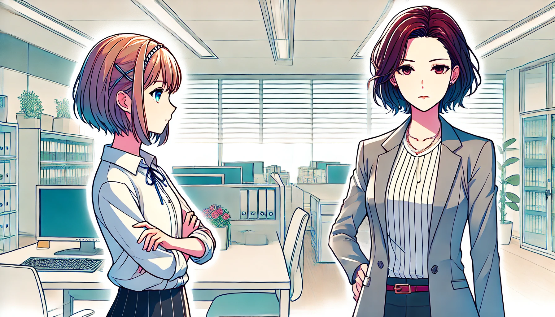 A horizontal anime-style illustration showing a workplace confrontation between a younger female employee and an older, more stern 'お局'. The younger employee looks firm but composed, as if deciding whether to respond, while the 'お局' appears slightly confrontational but calm. The setting is a bright, modern office with clear lines and vibrant colors, symbolizing the tension of the situation but also the potential for resolution. Both women are drawn in a beautifully stylized anime manner, with the color tones bright and distinct.